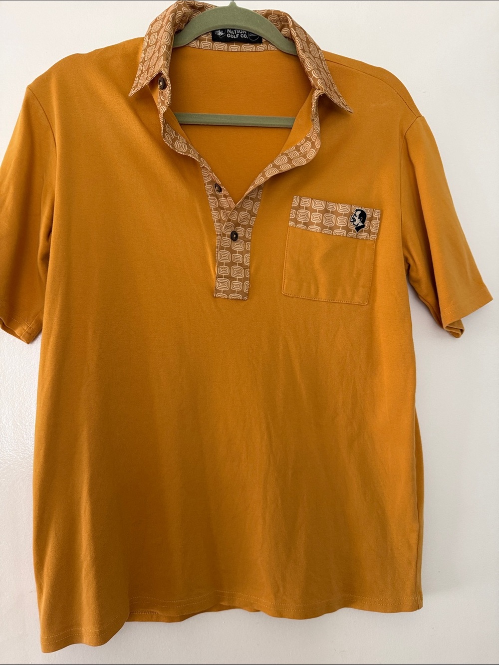 Men's Mustard Short-Sleeve Polo with Patterned Collar - Unknown Brand
